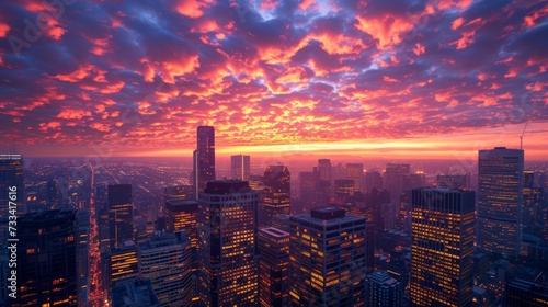 The iconic skyline of a cityscape, with towering skyscrapers illuminated against the backdrop of a fiery sunset