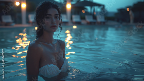 Wunderschönen Frau mit langen Haaren im Bikini schwimmt im Pool in der Nacht, ai generativ © www.freund-foto.de