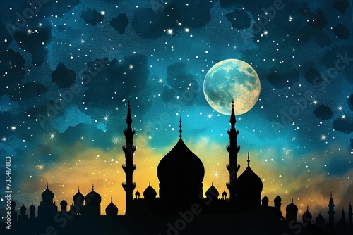 mosque building architecture at night with moon photo
