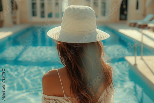 woman wearing hat and standing near pool and palms