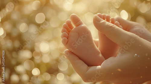 pair of adult hands gently cradling a baby's bare feet, symbolizing care, protection, and love. photo