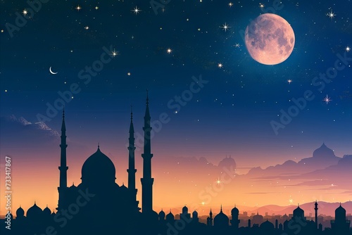 mosque building architecture at night with moon