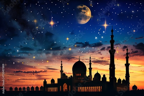 mosque building architecture at night with moon