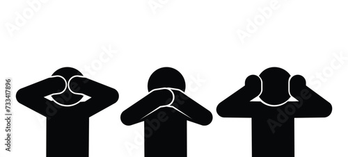 Stick figure man icon. See no evil, hear no evil, speak no evil. Illustration don't see, don't hear, don't speak.