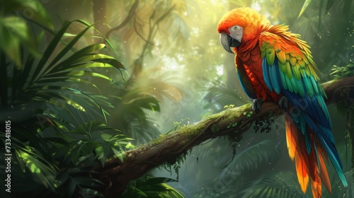 Highlight the vibrancy of a parrot. vibrant plumage of a parrot perched on a lush tree branch