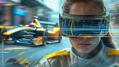 Girl wearing VR headset in front of a race car. Yellow and blue colors.