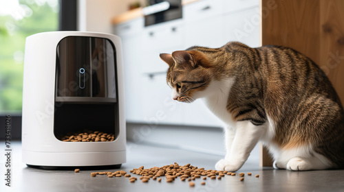 A cute cat stares in surprise at the food scattered from the automatic feeder. Blurred background of home kitchen. photo