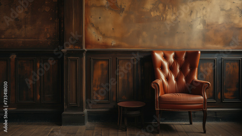 A vintage wall with scuffed paint and an antique leather chair. Brown colors. Copy space.