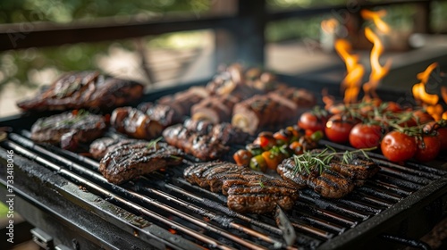 Fire up the grill for a feast. flames dancing as meats and veggies hit the grates