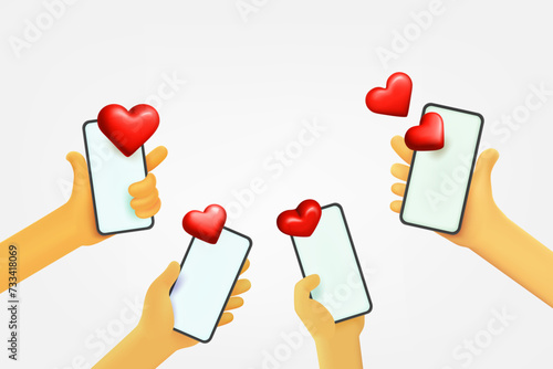 Fall in love concept with group of people and smartphones. 3d vector iluustration