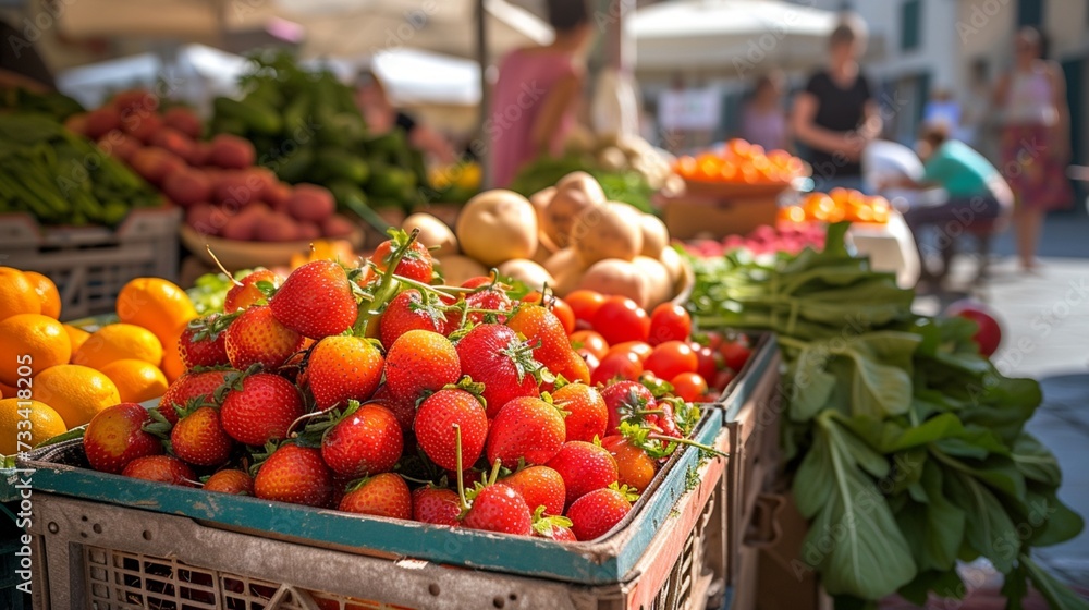 A bustling farmer's market scene with a diversity of vendors and customers, filled with vibrant summer produce