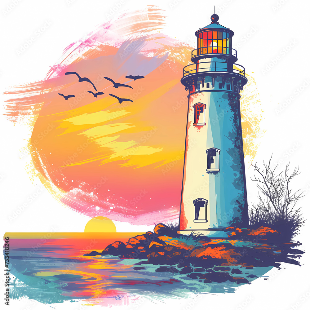 painted lighthouse in pastel colors print with birds and sea
