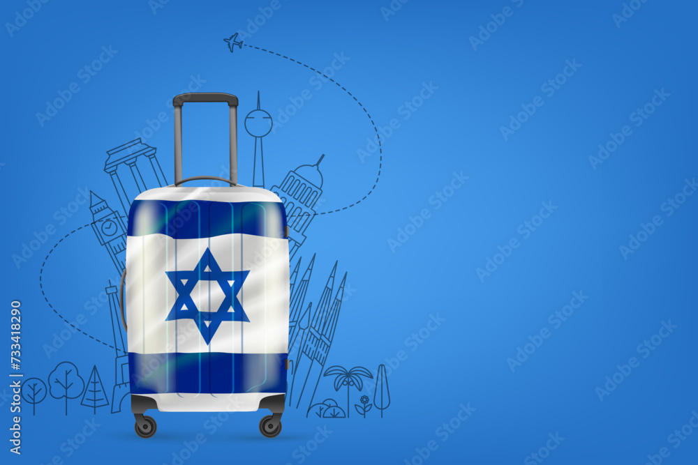 Plastic travel bag with Israel flag and famous world sights. 3d vector banner with copy space Plastic travel bag with Israel flag and famous world sights. 3d vector banner with copy space