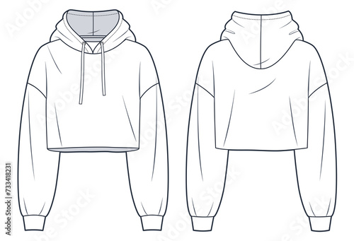 Hooded Sweatshirt technical fashion illustration. Crop Hoodie fashion flat technical drawing template, relaxed fit, raw hem, front and back view, white, women, men, unisex Top CAD mockup set.