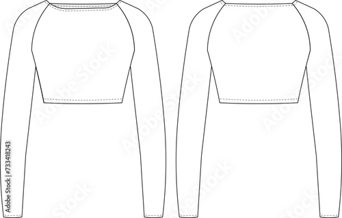 boat neck long sleeve crop cropped blouse tee tshirt template technical drawing flat sketch cad mockup fashion woman design style model
