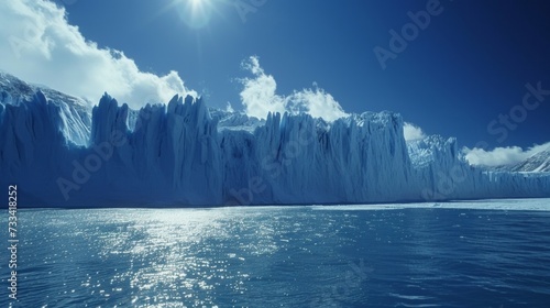 The majestic beauty of a glacier, with towering ice walls and shimmering blue...