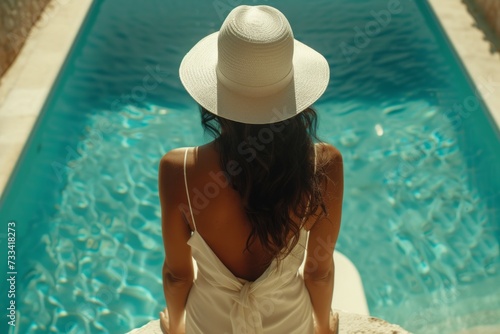 woman wearing hat and standing near pool and palms