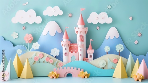 Puper cut craft illustration of bright big castle on the mountain