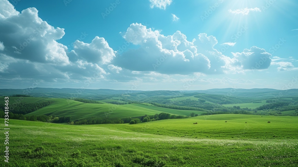 Fototapeta premium Rolling hills blanketed in a patchwork of emerald green fields