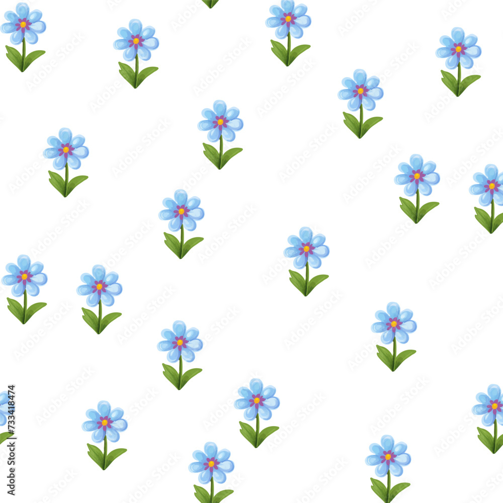 бесшовный паттерн. весенние голубые цветы на белом фоне. мелкий принт в цветочек. летняя иллюстрация 