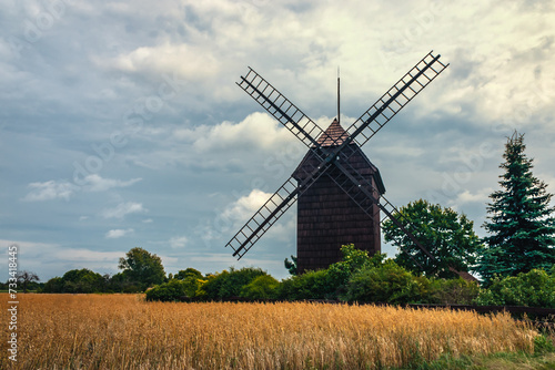 An old wooden windmill standing in the countryside among fields of grain in the rays of afternoon summer light