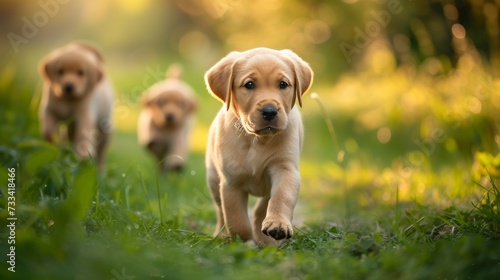 Labrador puppies are flowing through a green meadow. They are looking at the camera
