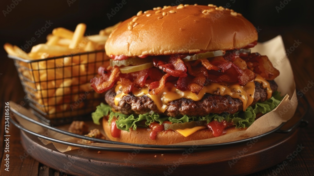 Showcase the gourmet allure of a juicy burger. a perfectly grilled beef patty topped with melted cheese Showcase the gourmet allure of a juicy burger. a perfectly grilled beef patty topped with melted cheese