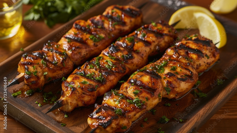 Juicy grilled chicken skewers on a wooden platter