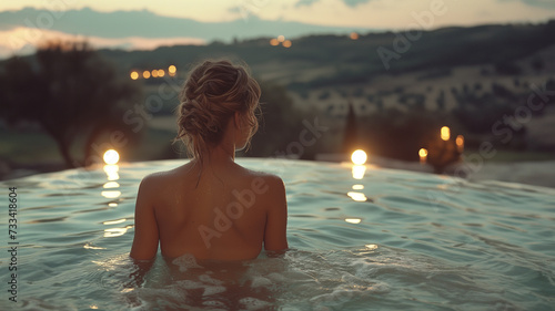 Wunderschönen Frau mit langen Haaren im Bikini schwimmt im Pool in der Nacht, ai generativ photo