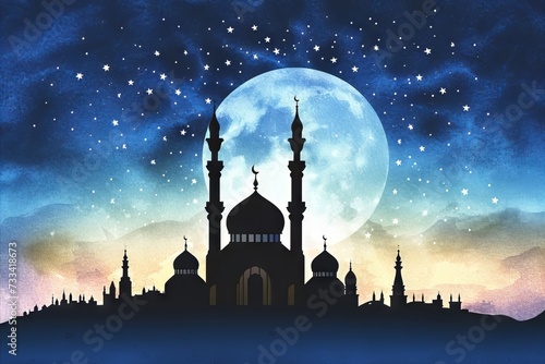 a beautiful silhouette of a mosque with stars under the moon, in the style of ornamental structures © Hafidhulkarim60