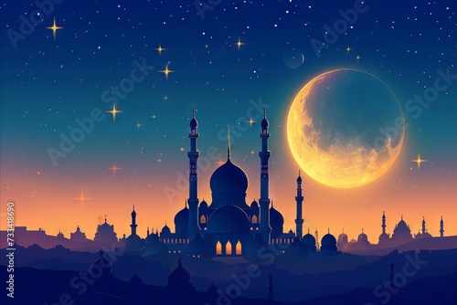 beautiful mosque silhouette with stars under the moon, with ornamental structure style © Hafidhulkarim60