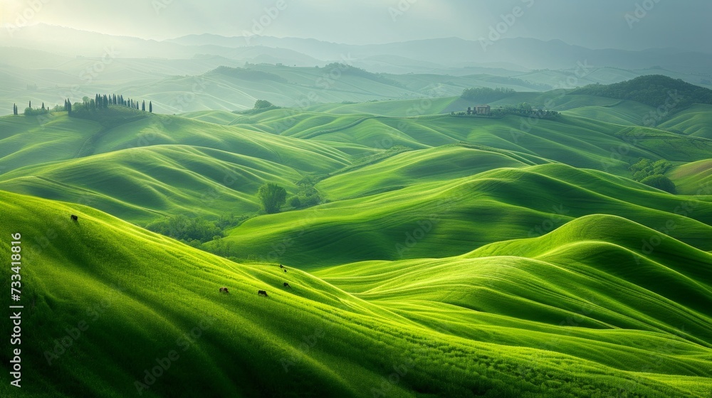 Rolling hills blanketed in a patchwork of emerald green fields