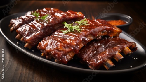 A plate of mouthwatering bbq ribs slathered in smoky sauce photo