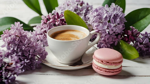 Spring holiday background. flatlay with lilac flowers  macarons and cup of cappuccino on white wooden table