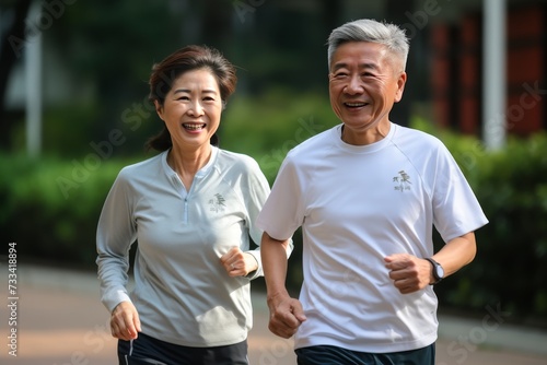 Active elderly people jogging with friend, old persons doing sports and staying fit together