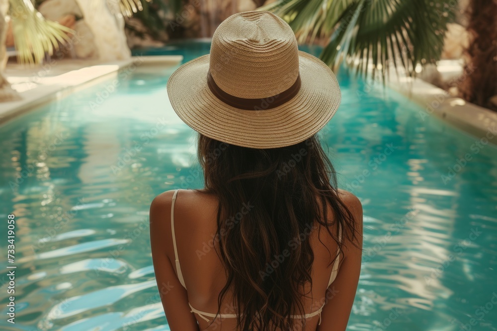 woman wearing hat and standing near pool and palms