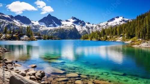 A serene lake surrounded by snowcapped mountains
