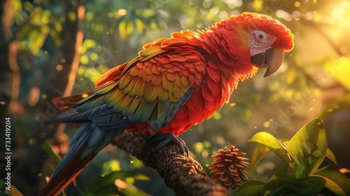 Highlight the vibrancy of a parrot. vibrant plumage of a parrot perched on a ...