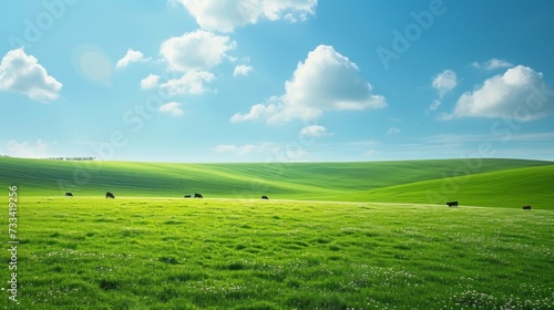 Rolling hills blanketed in a patchwork of emerald green fields