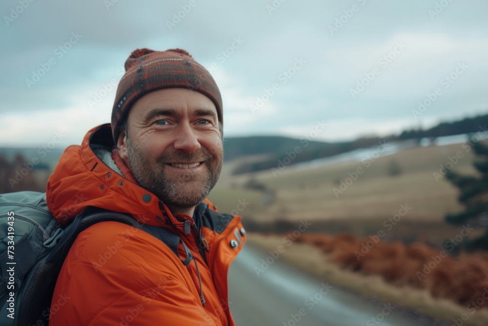 happy man hiking in his mountain bike, on road in countryside happy man hiking in his mountain bike, on road in countryside