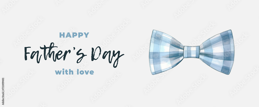 Happy Father’s Day watercolor template in blue tones with plaid men's bow tie and typography. Design for the banners, posters, cards, brochures, web, flyers, and social media. Generative AI. - obrazy, fototapety, plakaty 
