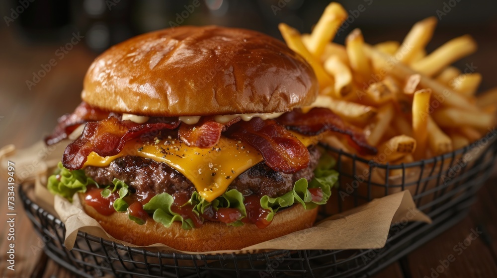 Showcase the gourmet allure of a juicy burger. a perfectly grilled beef patty topped with melted cheese