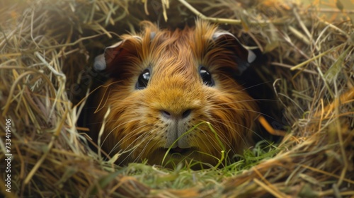 the coziness of a guinea pig. small rodent nestled in a bed of hay, nibbling ...