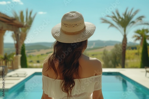 woman wearing hat and standing near pool and palms
