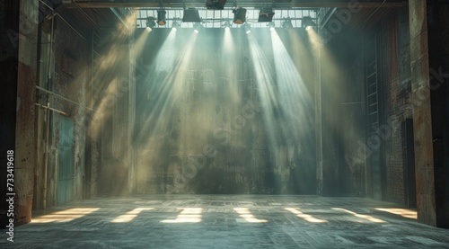 stage set with beams and spotlights in an empty auditorium