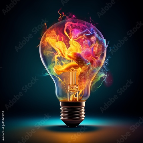 Incandescent lamp in free space. There is a bright colorful splash inside the light bulb. Dark clean background.