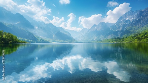 The serene beauty of a mountain lake, its crystal-clear waters reflecting the surrounding peaks like a perfect mirror