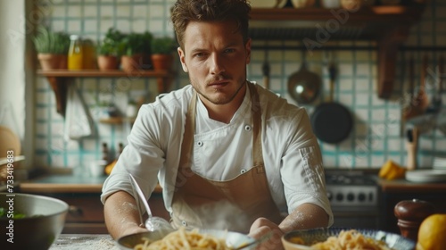 Young chef preparing pasta in his kitchen making