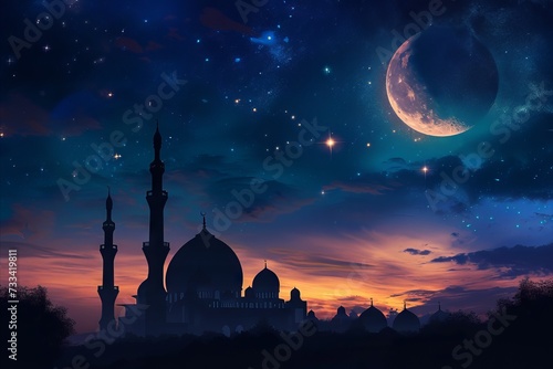 a beautiful silhouette of a mosque with stars under the moon, in the style of ornamental structures © Hafidhulkarim60