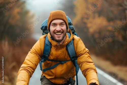 happy man hiking in his mountain bike, on road in countryside